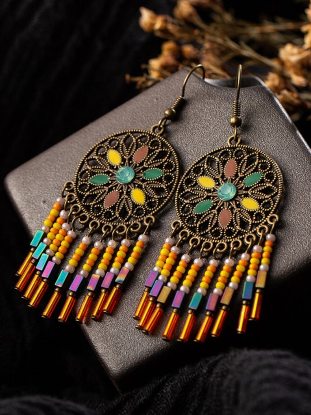 Boho Floral Dangle Earrings Beaded Tassel Fringe Filigree Statement Festival